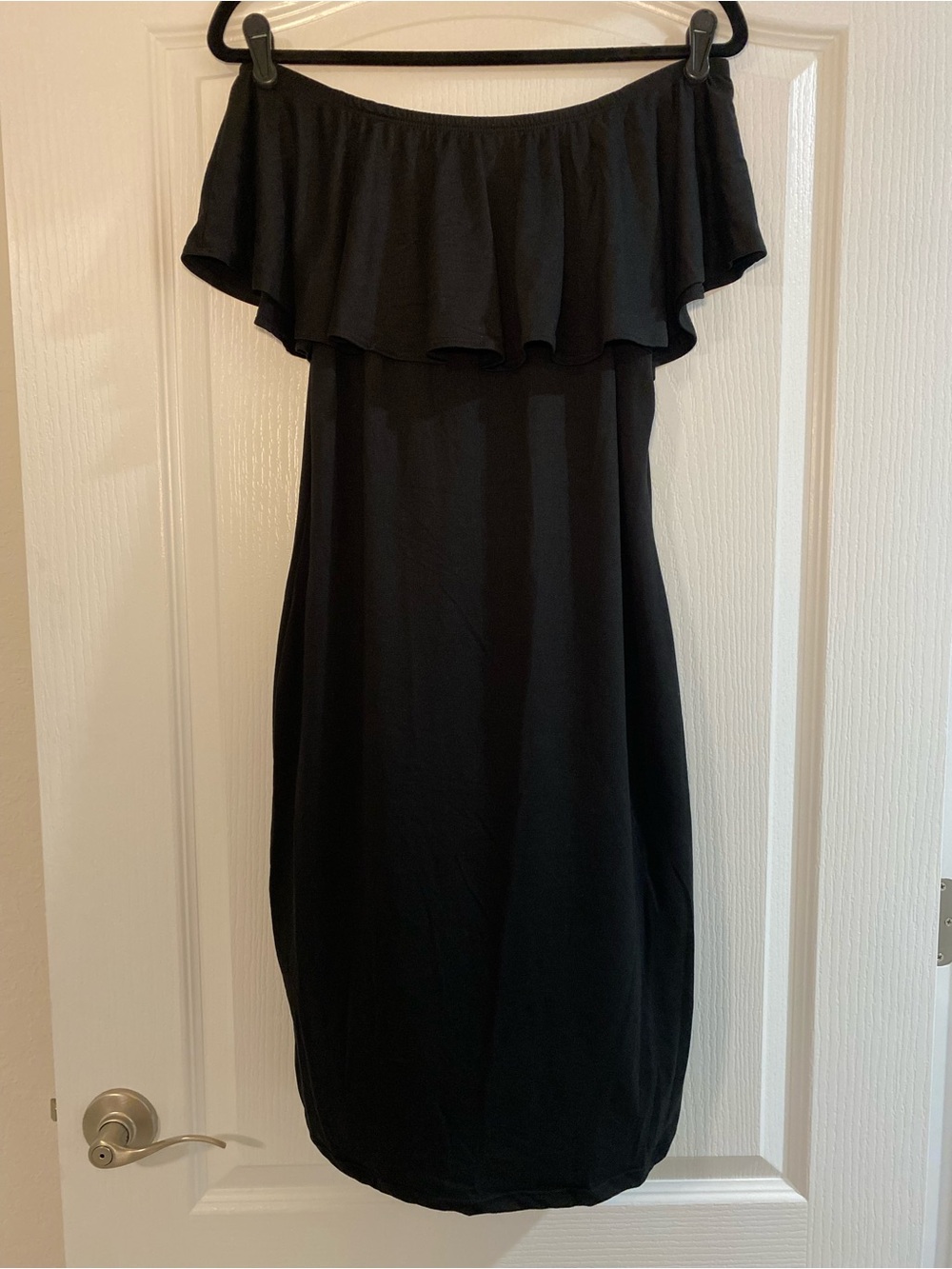 Off-Shoulder Black Women’s Dress with Ruffle Neckline